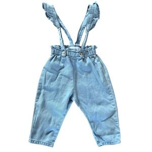 Zara Baby Girls Light Wash Denim Suspender Pants 6–9 Months 100% Cotton